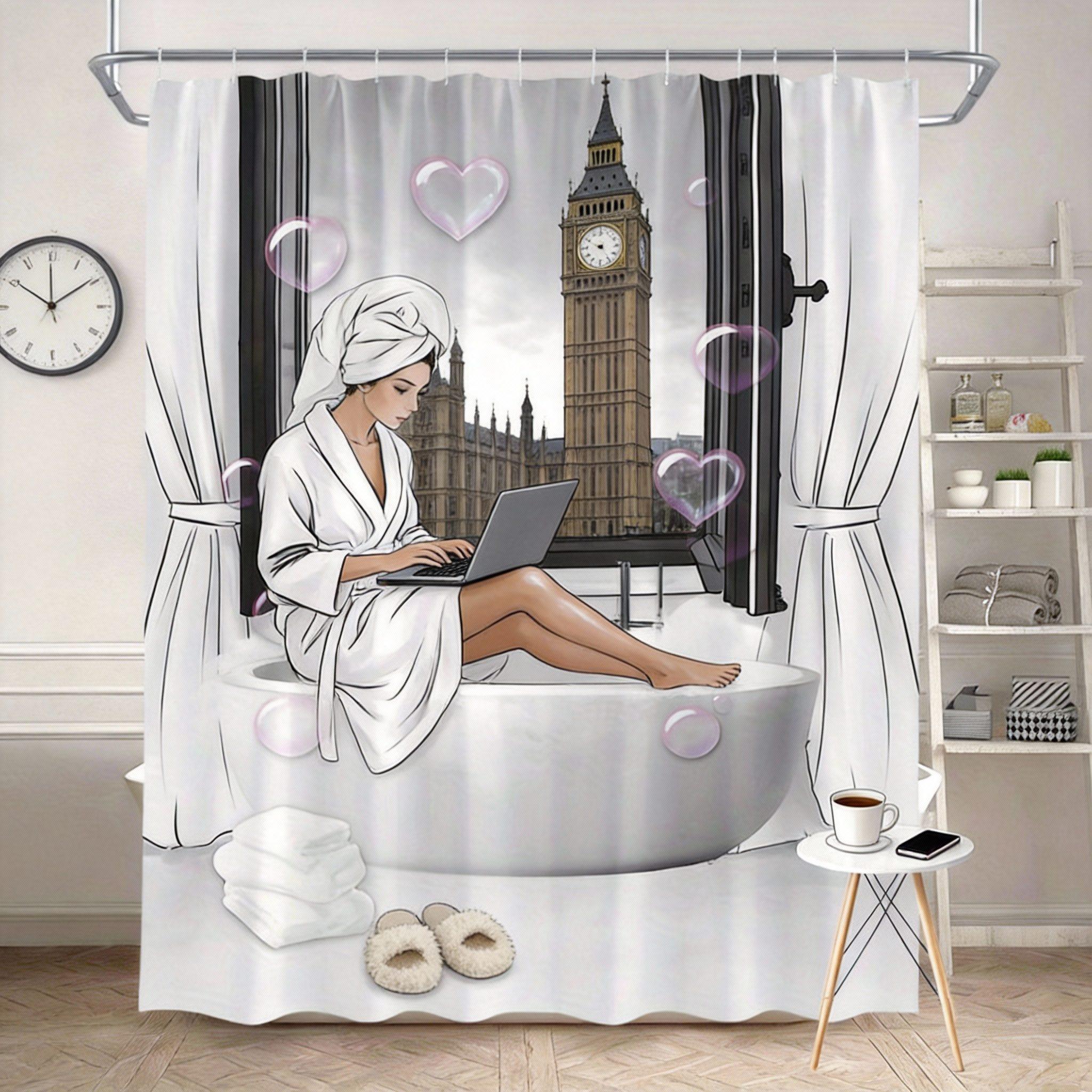 Paris Shower Curtain 180x180cm – Eiffel Tower & Woman Reading in Tub, Machine Washable, 12 Hooks 90X180cm(35x70in)