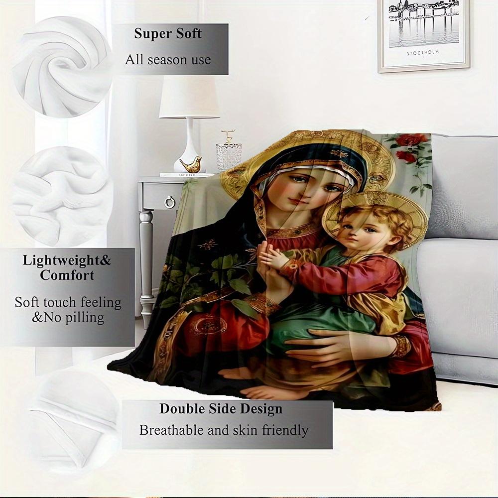 1pc Virgin Mary,Child Jesus,Religious Iconography Flannel Blanket - Lightweight Soft for All Seasons, Ideal for Couch, Office, Bed, Travel,