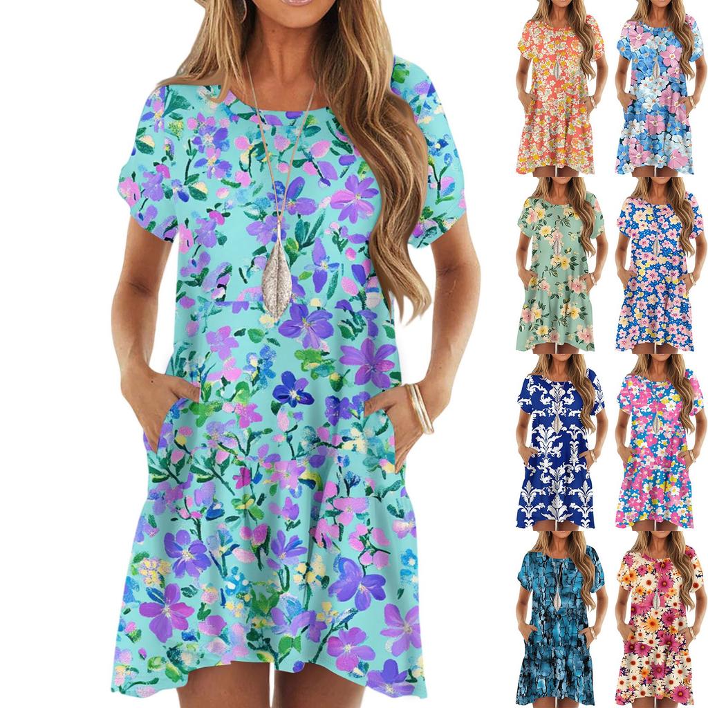 Women's Fashion Casual Round Neck Short Sleeve  Leaf Floral Print Dress