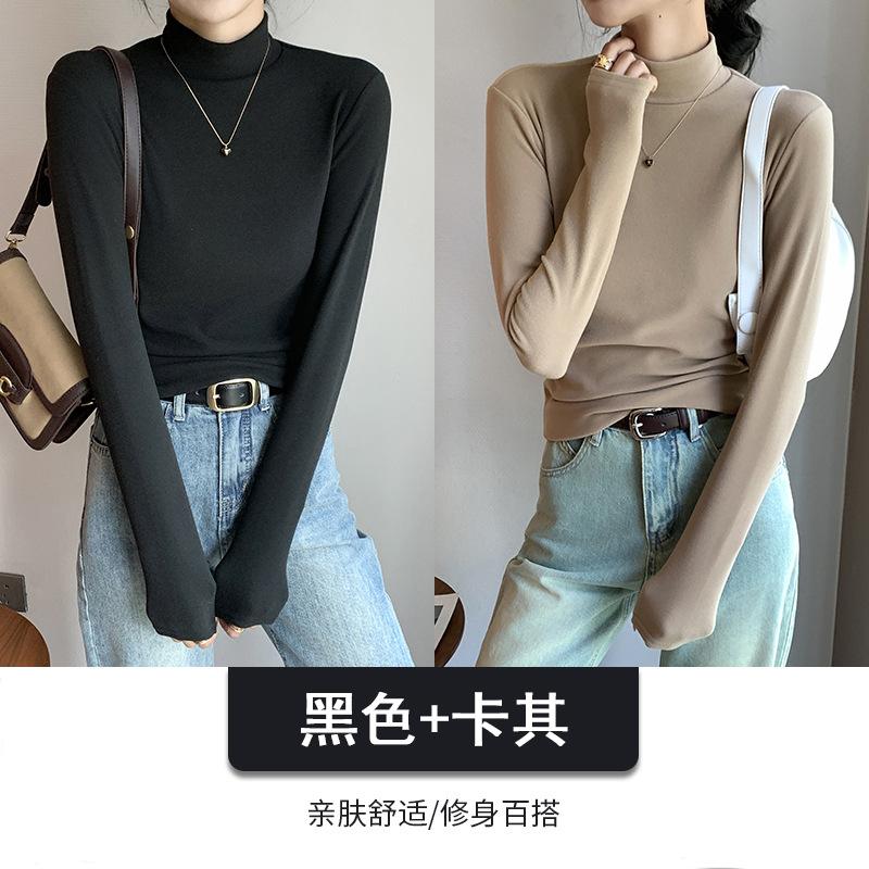 Combination Semi-turtleneck Double-sided German Velvet Bottoming Shirt for Women's Autumn and Winter with Solid-color Warm Long-sleeved Top