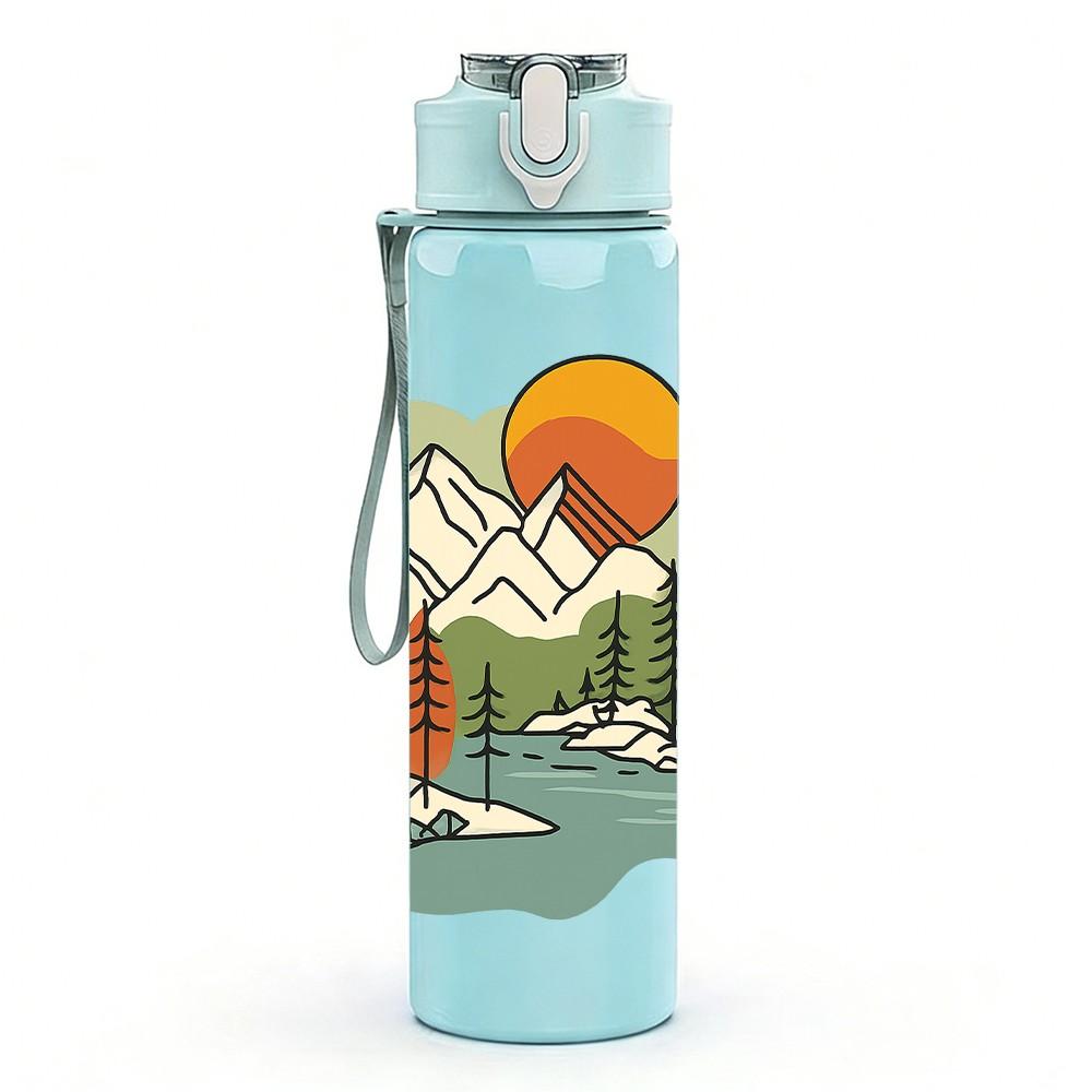 1PC Mountain Lake Retro Landscape Print 750ml Color Plastic Sports Water Bottle Leakproof Flip Straw Lid Suitable for Sports Office Home Use