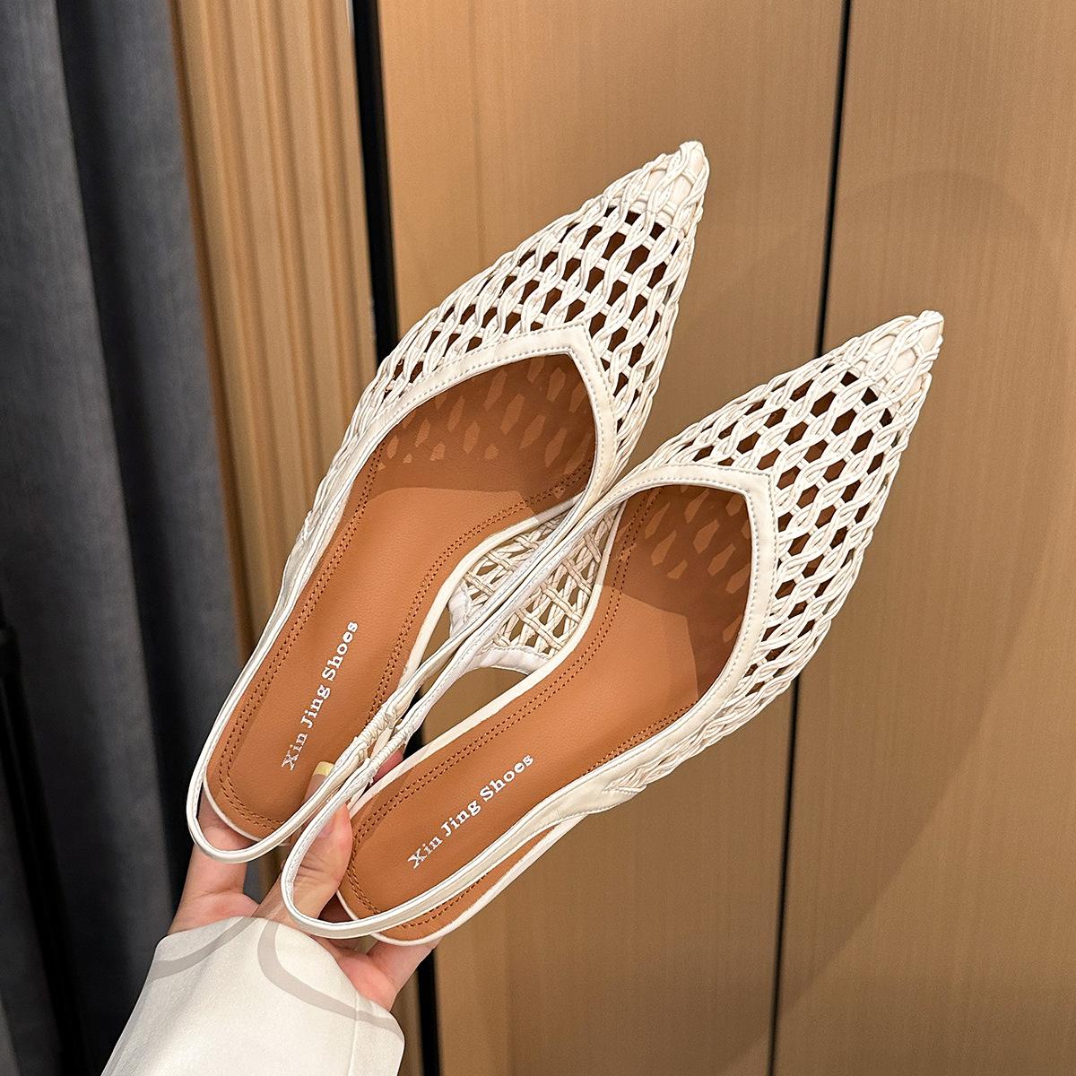 

699-307 Temperament pointed head woven rear empty sandals women s spring and summer new mesh hollow low heel shallow mouth single shoes 41