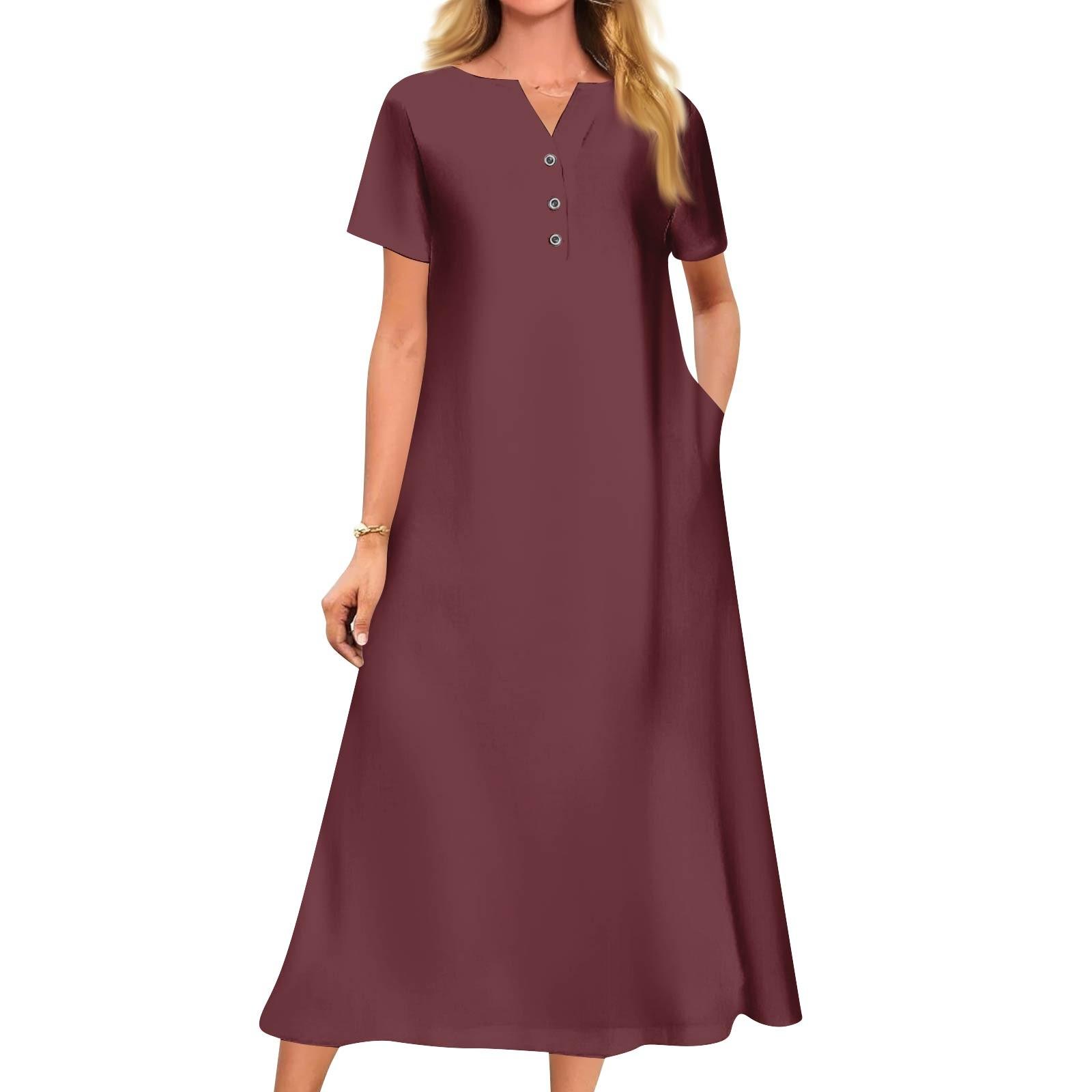 

Женское летнее платье свободного кроя с принтом, V-образным вырезом и короткими рукавами XL винный