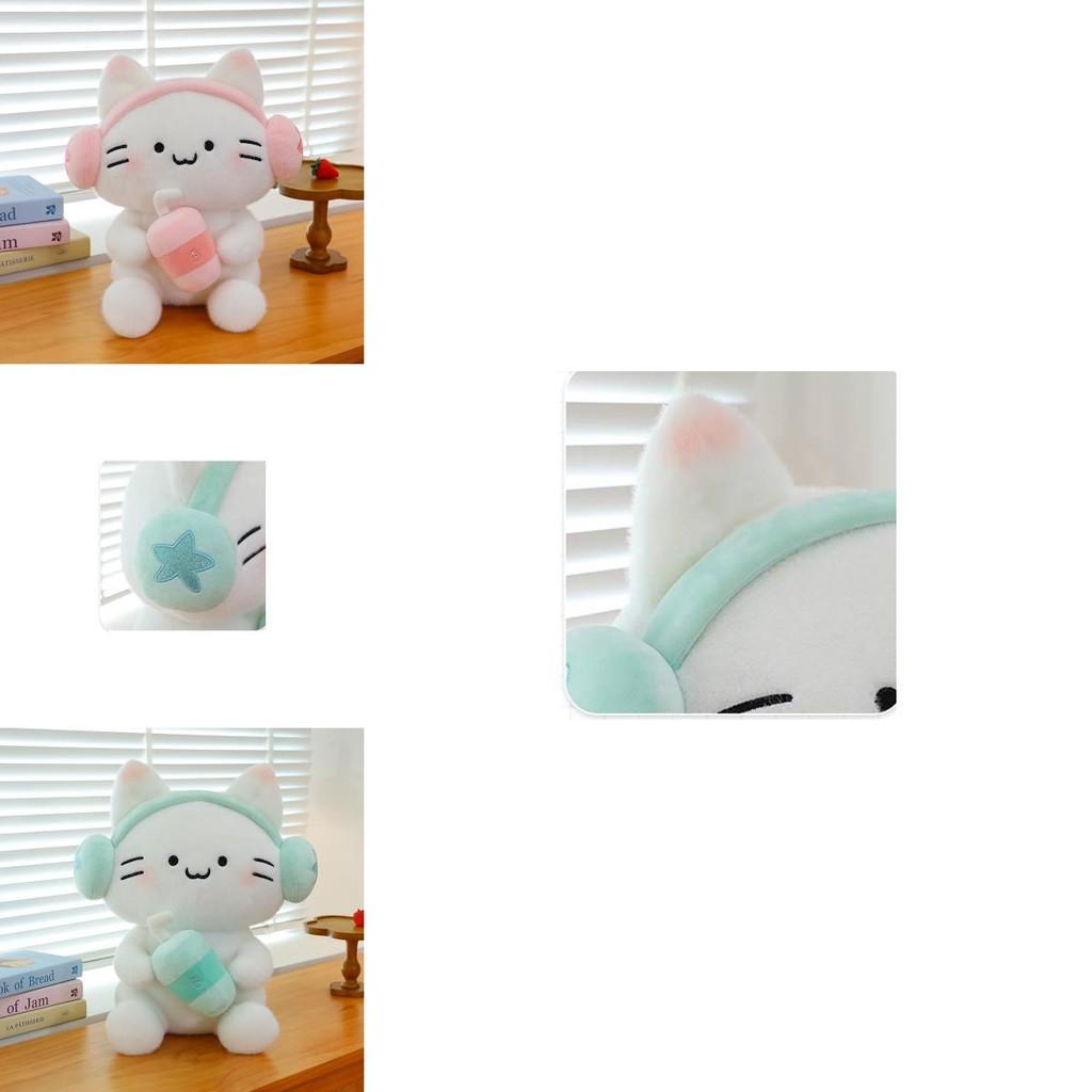 Adorable Cat Earphone Plush Toy Pillow For Kids Gift Soft Stuffed Doll In Pink And Blue Colors