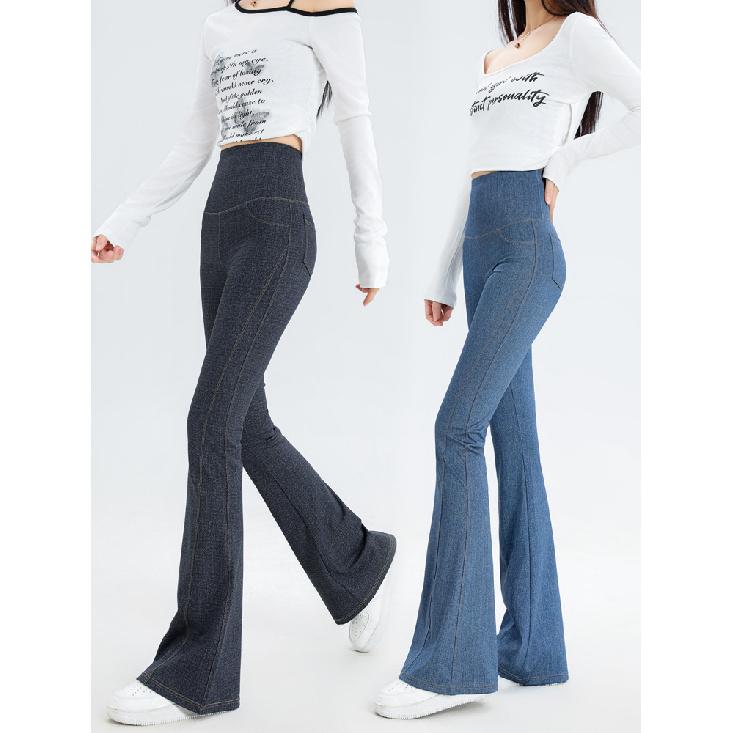 

Denim Women S Pants Micro Flared High Waist Abdomen Leggings New In Summer Stretch Sports Fitness Yoga Casual Pants Jeans M синій