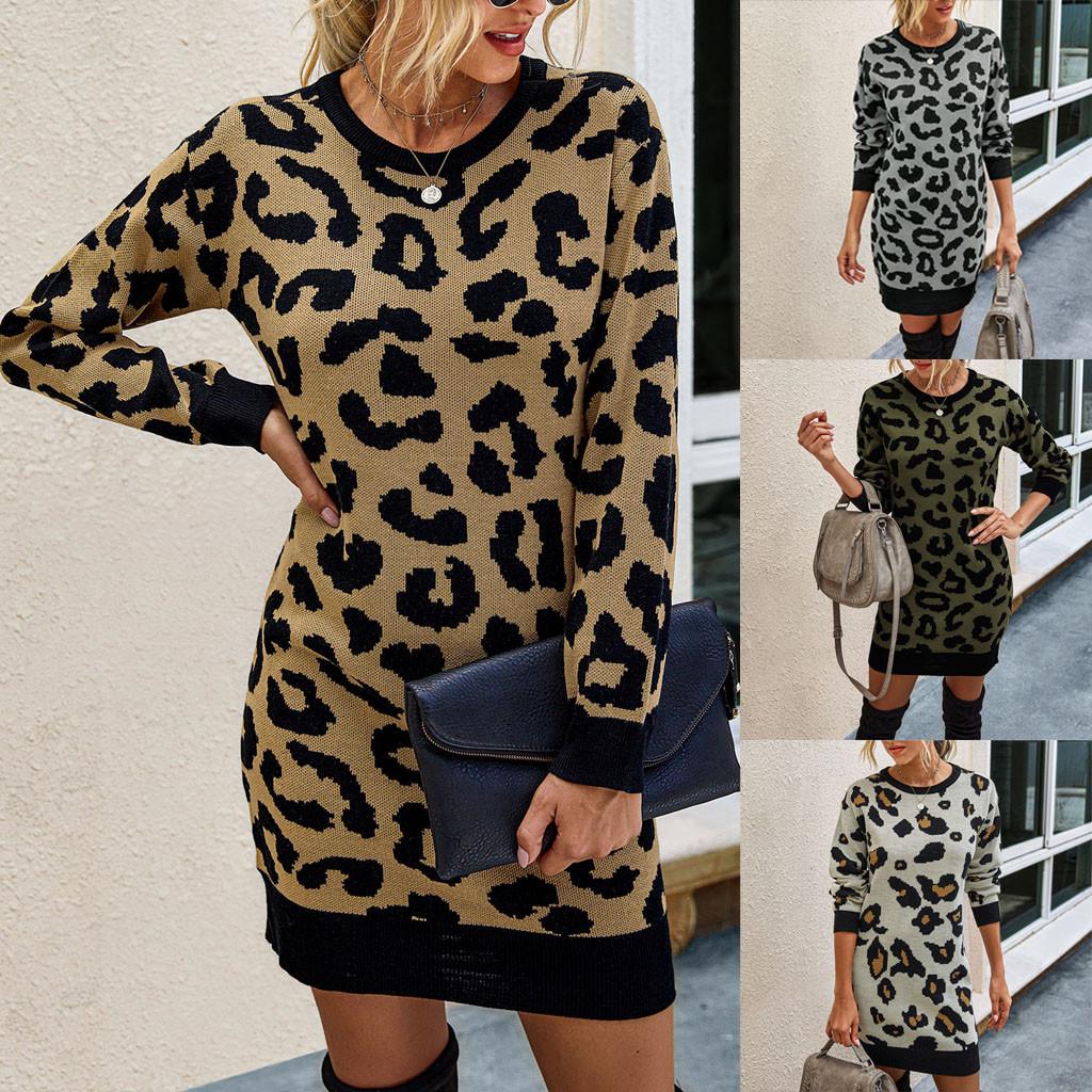 Women  And Winter Fashion Leopard Print Buttock Wrapping Knittin Dress