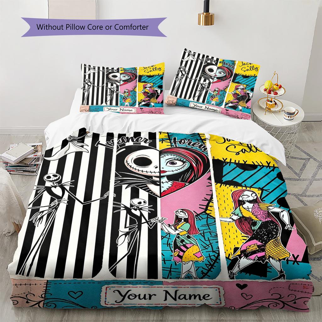 Name Individuelles Jack & Sally Muster Bettwäscheset Bettbezug Kissenbezug Heimdeko Geschenk (1 Bettbezug + 2 Kissenbezüge, ohne Füllung)