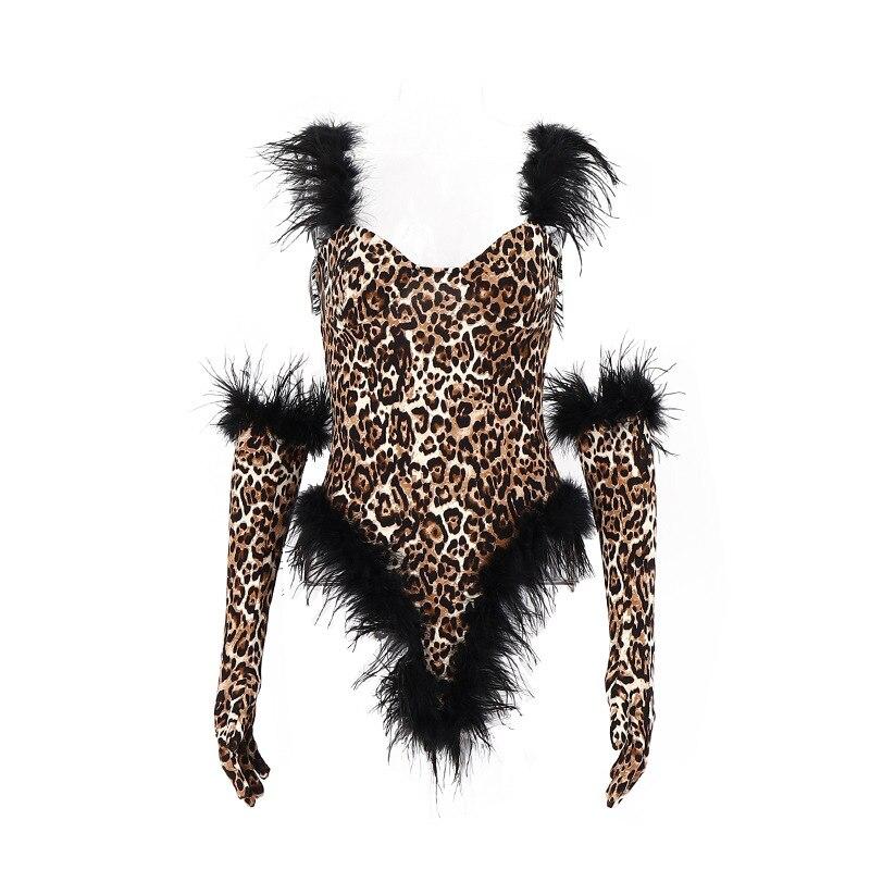 Fashion Sexy Leopard Print Casual Slim Beach Jumpsuit Bodysuit Feather Sleeveless SuitWomen With Gloves Jumper Body Suit Women