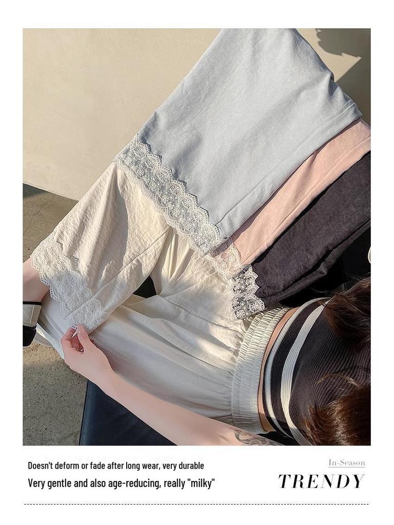 Petite Pink Lace Trim Wide Leg Women's Spring Summer Pants