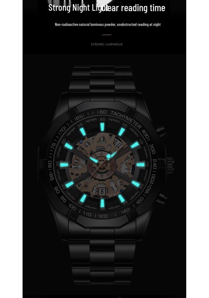 Binbond Skelett Non-Mechanisch Wasserdichte Herrenuhr - Schwarzes Metall & Blaues Design