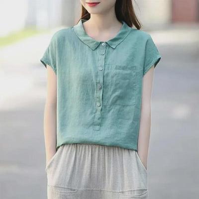 Women's 2024 Summer Retro Loose Cotton & Linen Mid-Sleeve Doll Collar Shirt
