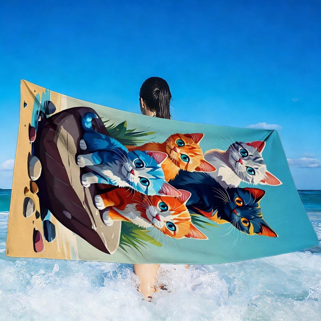 Vibrant Blue Cat Towel, Cute Group of Colorful Kittens on Beach Print Bath Towel, Playful Cat Lover Summer Essential 1pcs