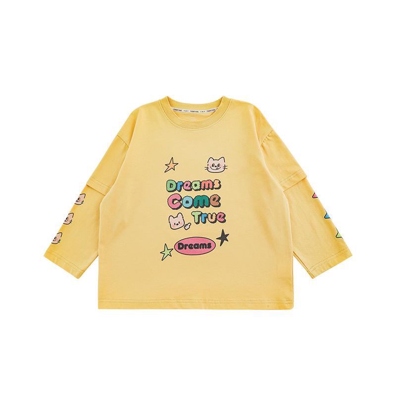 Wulibu Girls' Cartoon Print Faux Two-Piece Ribbed T-Shirt - Cute, Casual Spring 2025 Trend.