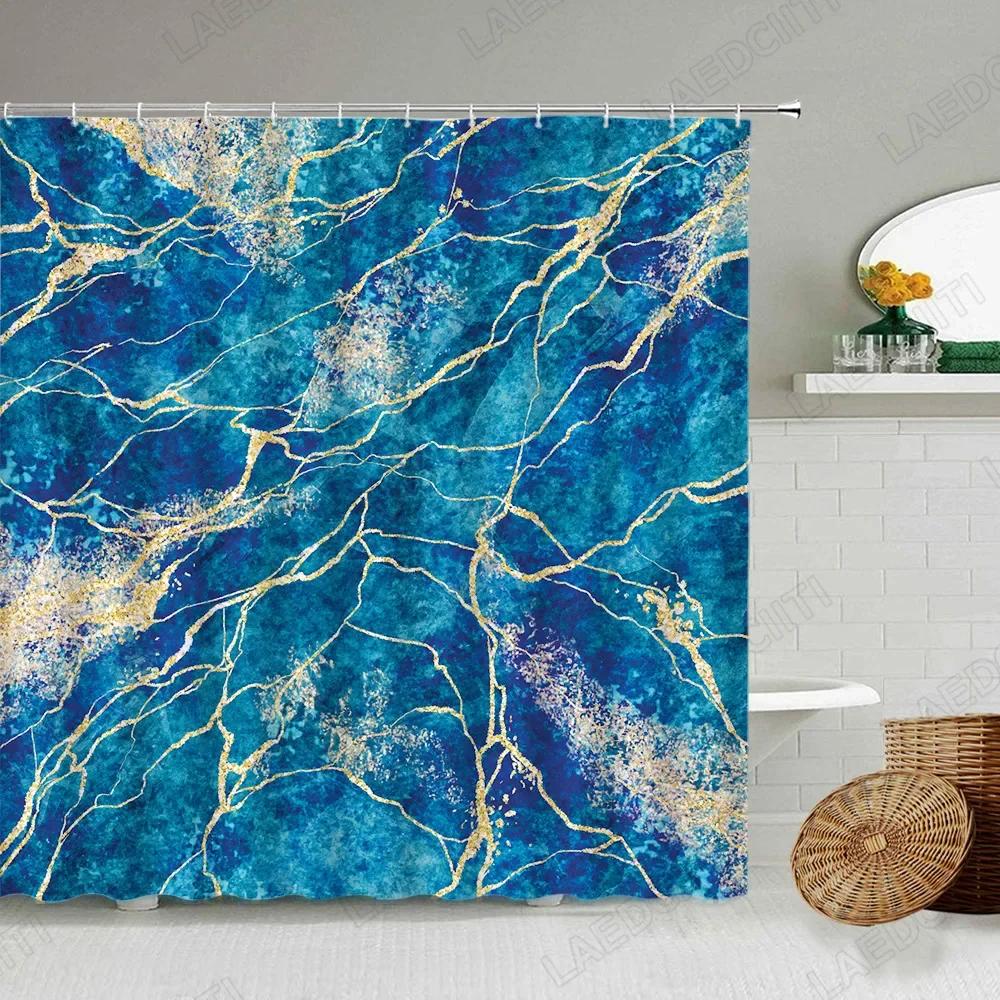 Abstract Marble Shower Curtain, White Gray Black Gold Blue Green Textured Stripe Simple Modern Ink Art, Bathroom Decorative