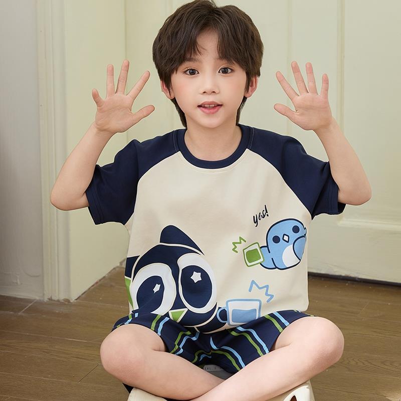 Boys Cotton Short Sleeve Pajama Set Lightweight Sleepwear Kids Teens Home Outfit