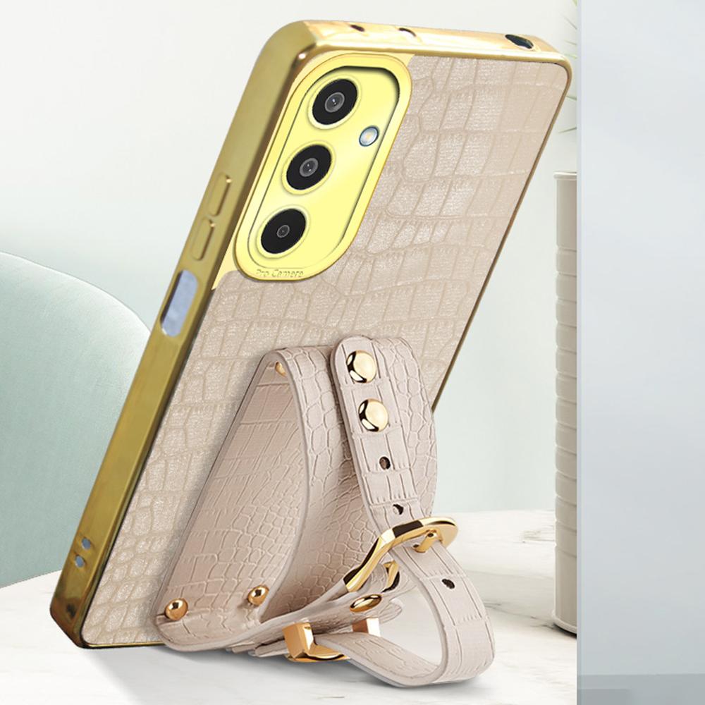 For Samsung Galaxy M35 5G Case Wristband Kickstand PU Leather+TPU 6D Electroplating Phone Cover