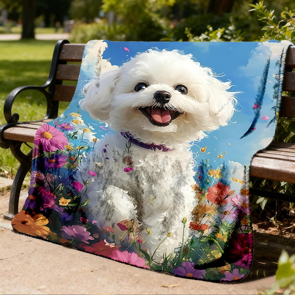 1pc Fluffy White Dog Outdoor Blanket - Lightweight Flannel Throw For Travel, Camping, Livingroom, Couch, Chair Yy251114231