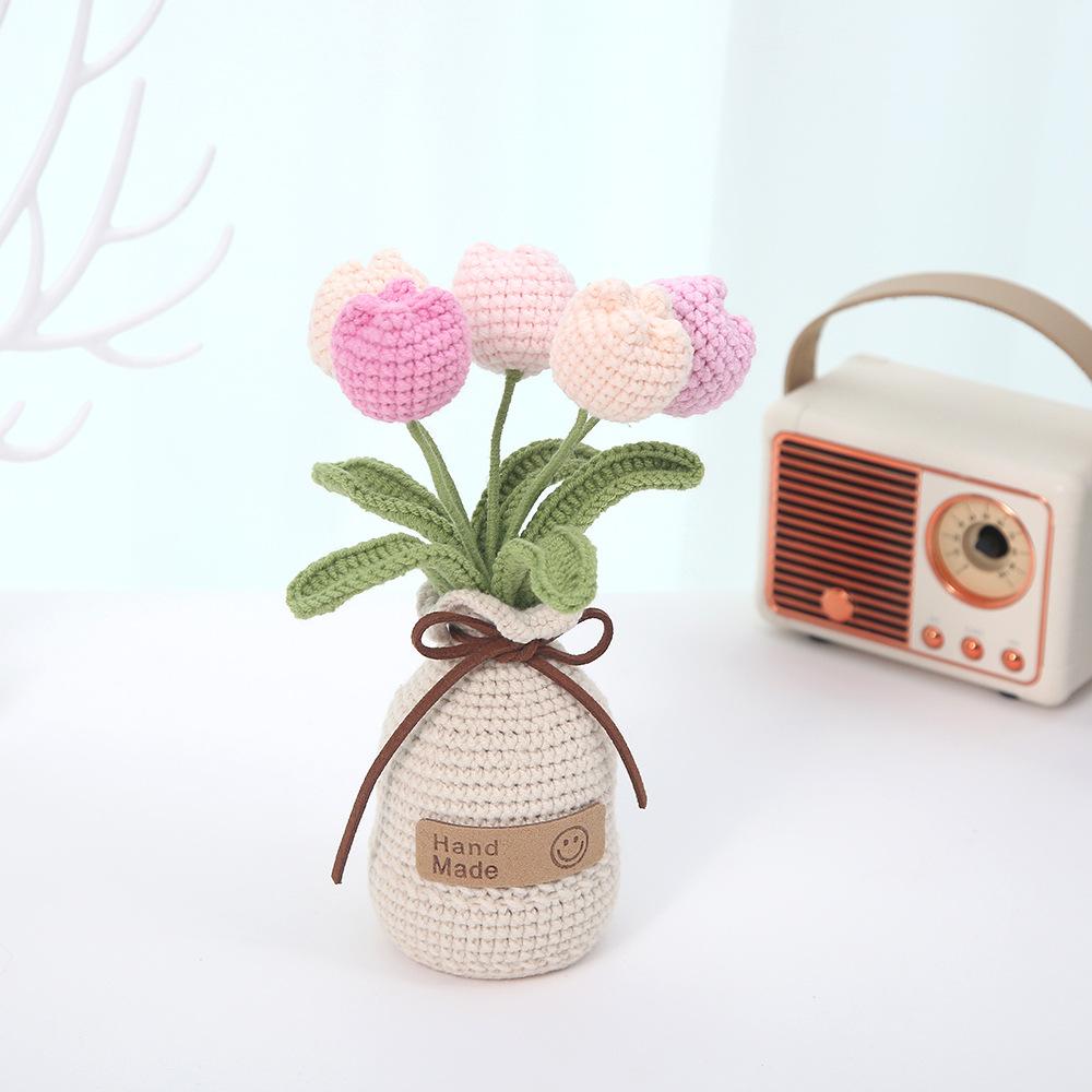 Pianta Artificiale Tulipano in Vaso all'Uncinetto Carina Vaso Pianta Finito Tessuto a Mano Tulipano Libreria Tavolo Decorazione Stanza