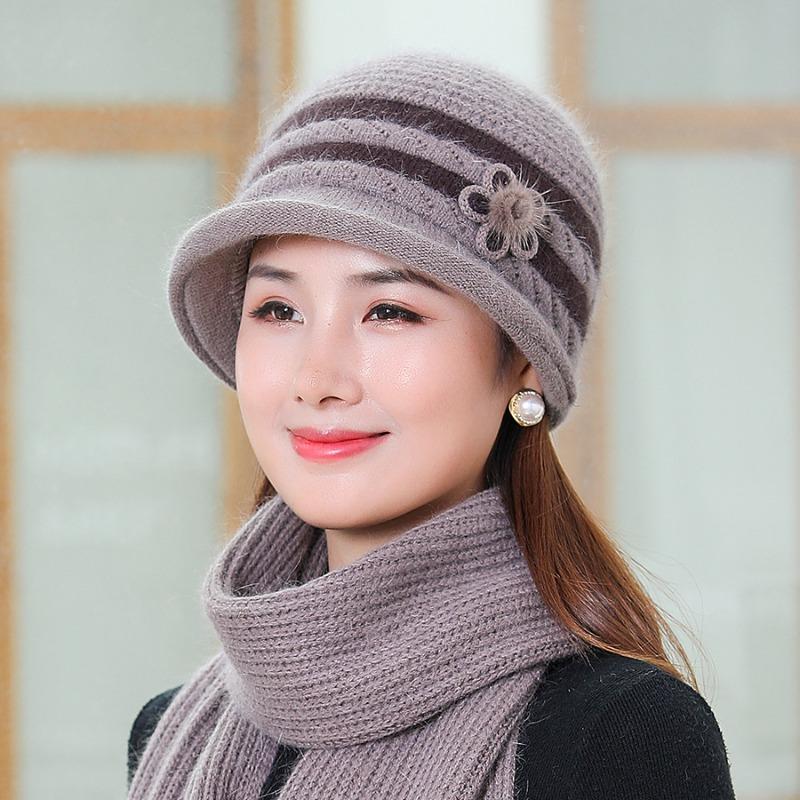 Pălărie de mamă în vârstă de vârstă mijlocie cu temperament de toamnă iarnă, la modă, pălărie simplă de blană de iepure, cu kit de eșarfă groasă de catifea