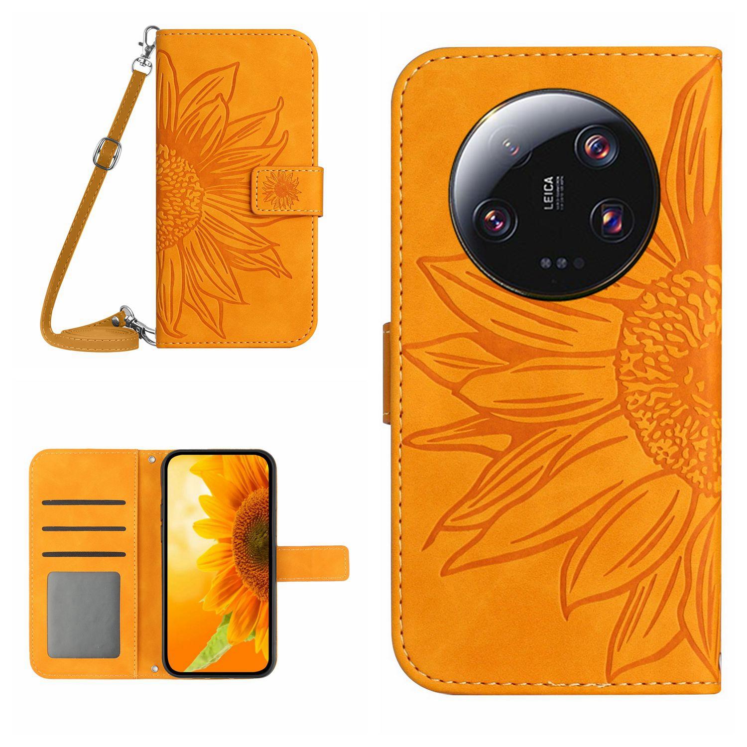 

HT04 For Xiaomi 14 Ultra Case Sunflower Flip Leather Phone Cover with Shoulder Strap Yellow