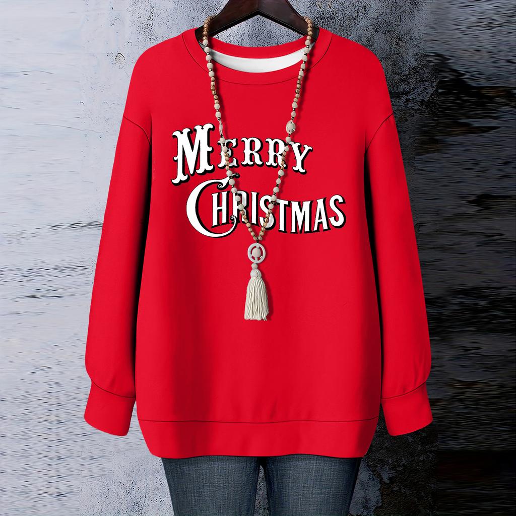Ladies' Christmas Printed Round Neck Long Sleeved T-shirt Sweatshirt Top