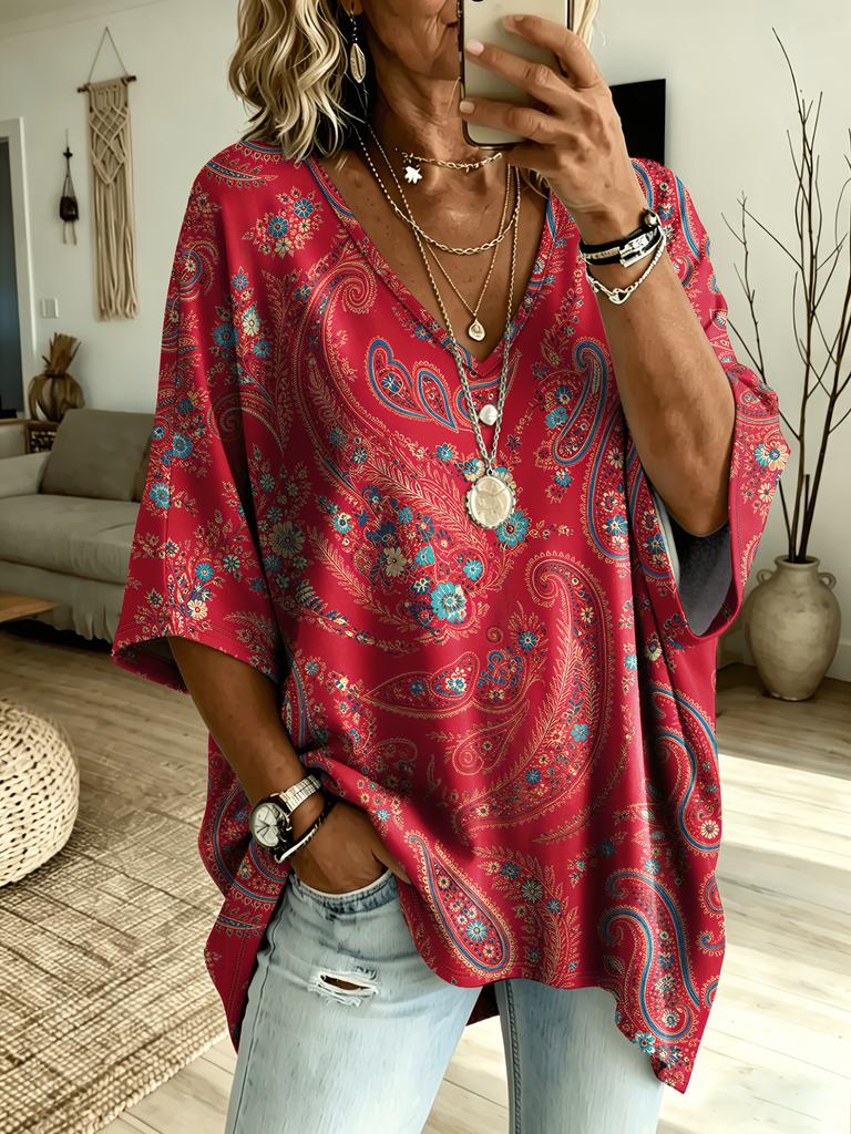 Paisley Pattern All-over Printed V-neck Short-sleeve, Fat Girl Loose Shoulder Mid-sleeve Casual T-shirt, Plus Size Women's Clothing
