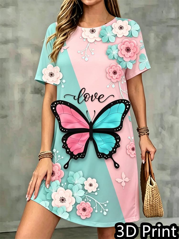 Fashion 3D Floral Print Summer Dress Loose Casual Short Sleeve O-Neck Mini Dress