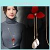 Elegant Red Flower Long Necklace For Women With Stylish Tassels And Alluring Design For Autumn And Winter Fashion