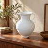 White Iron Vase with Handles Sturdy Bulbous Pedestal Textured Centerpiece