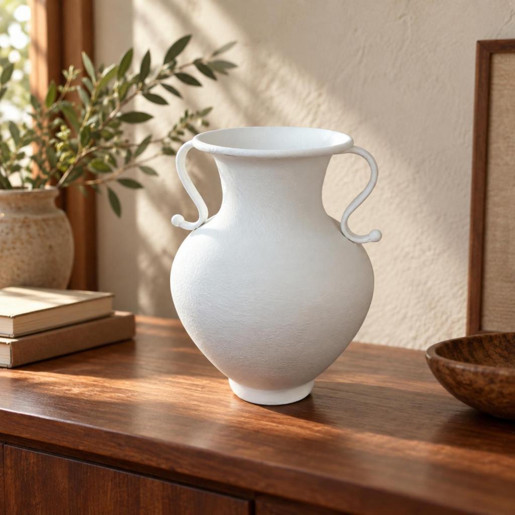 White Iron Vase with Handles Sturdy Bulbous Pedestal Textured Centerpiece