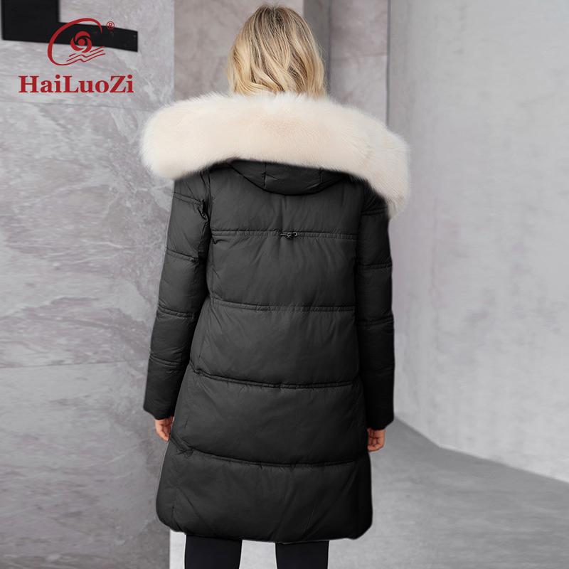 HaiLuoZi 2024 New Women's Winter Coat Faux Fur Collar Hooded Thickened Organic Cotton Jacket Solid Color Large Pockets Ladies Jacket 626