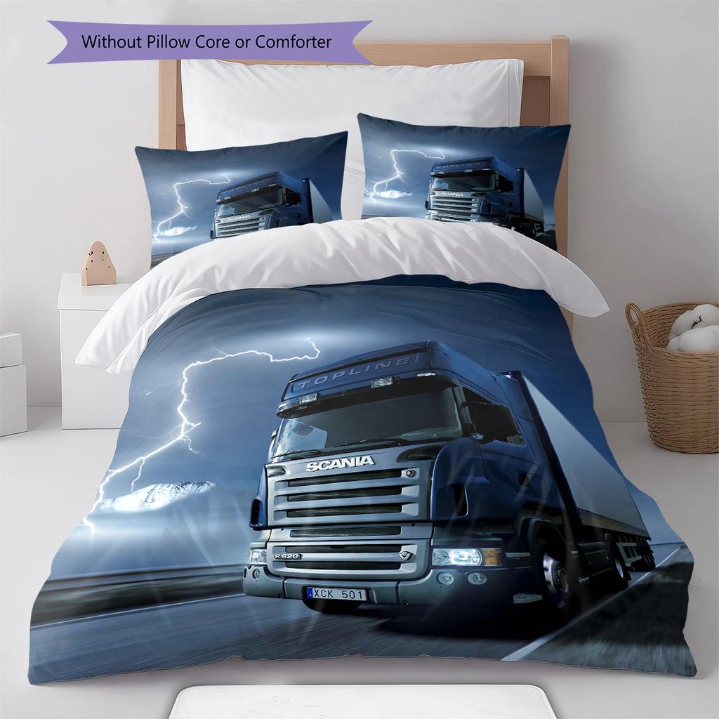 Truck Pattern Bedding Quilt Set Quilt Cover Pillowcase Home Decoration Gift (1 * Duvet Cover + 2 * Pillowcase, Without Core)