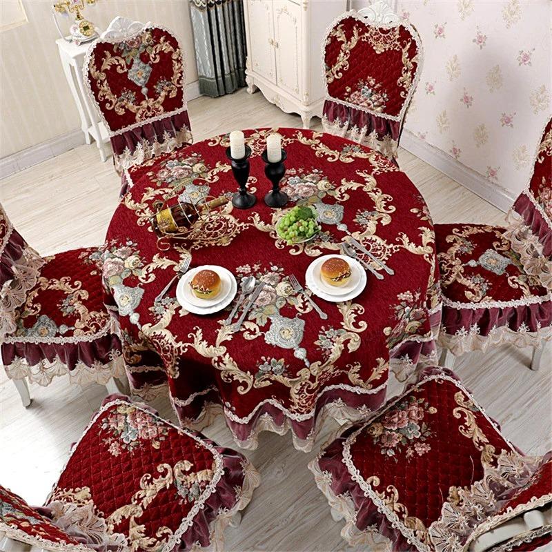 Chenille Table Cloths European Dining Table Cover Chair Cushion Cover Jacquard Red Round Tablecloths Party Wedding Table Decor