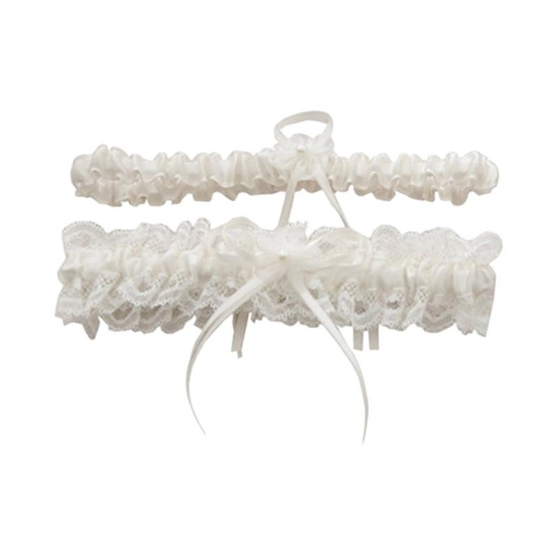 2Pcs Trimmed Lace Bowknot Bridal Garters Set for Engagement Party Accessory Gift