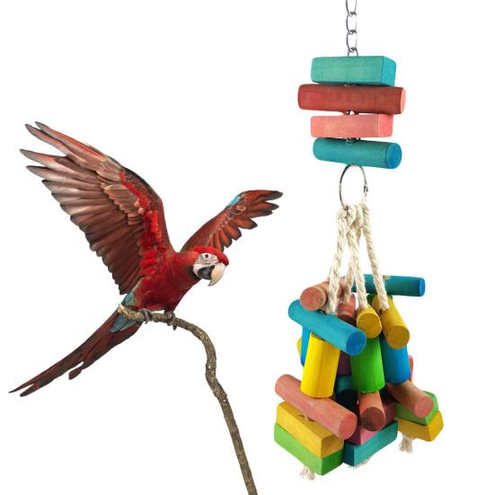 Parrot Toy Colorful Wooden Stick Block Bird Parakeet Chew Cage Hanging Decor