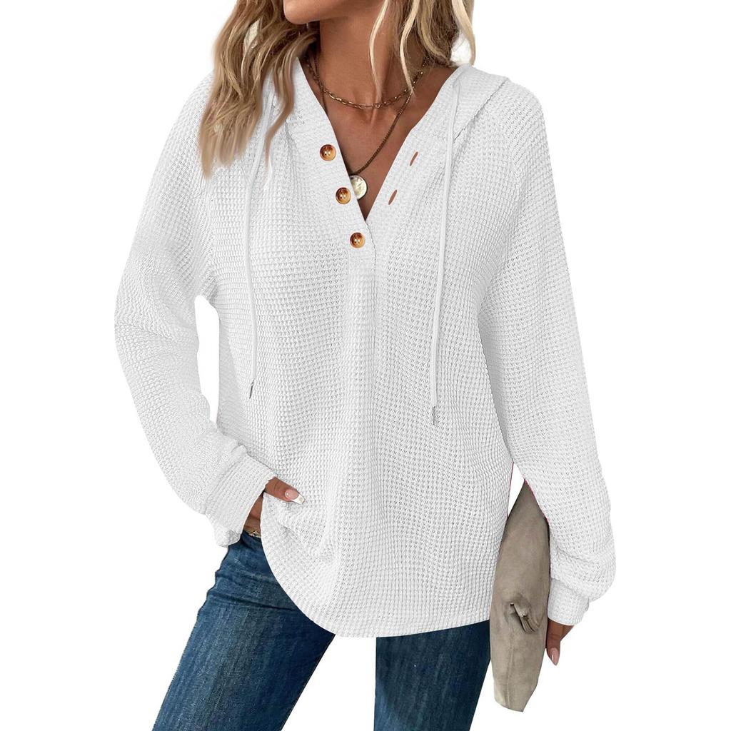 Women's Fashion Long Sleeve Drawstring Hooded Button V-neck Casual Hooded Sweatshirt Top