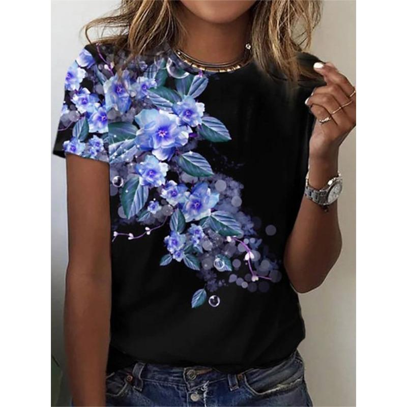 Summer  Women s T Shirt Printed Flowers Round Neck Short Sleeved Tops S