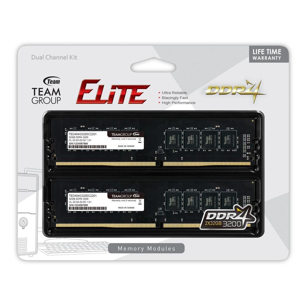 TEAMGROUP Elite DDR4 64GB Kit x 3200MHz CL22 Unbuffered UDIMM PC Computer Desktop Memory Module RAM Upgrade TED464G3200C22DC01 (2 32GB) (PC4-25600)