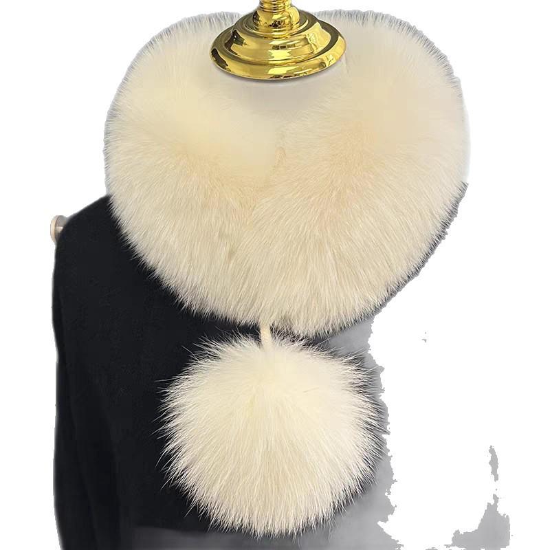 Damen Schal im Koreanischen Stil aus Echter Fuchsfell mit Großem Bommel und Magnetischem Verschluss - Beidseitig, Vielseitiger Nackenschutz für Herbst und Winter