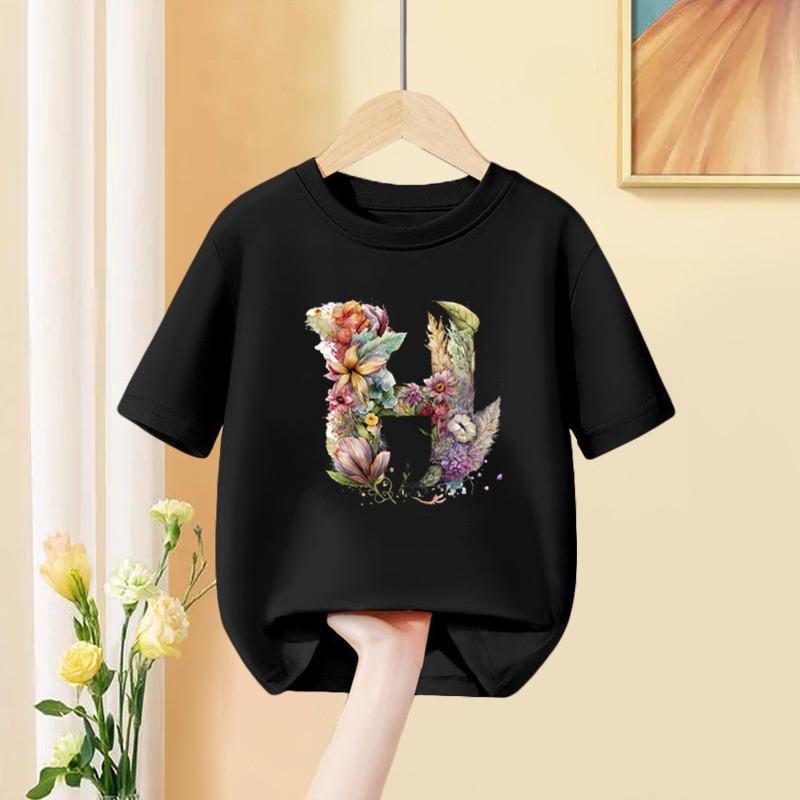 A B C D Kombinationsschrift Mädchen T-Shirt Blumendruck Lässige Oberteile Benutzerdefinierter Name Buchstabe Kinder Schwarzes T-Shirt
