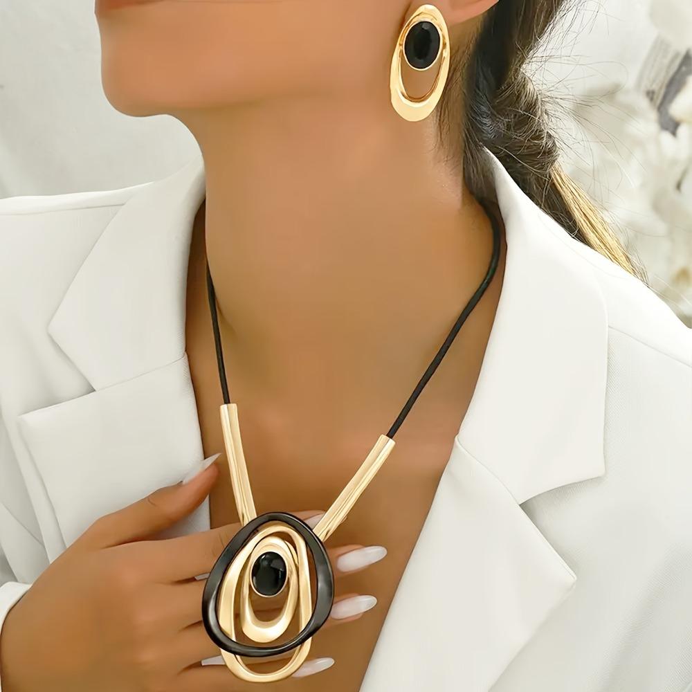 Creative Exaggerated Multi-layer Oval Ring Pendant Necklace Earring Set for Women Fashion Party Jewelry Sets Accessories Gifts