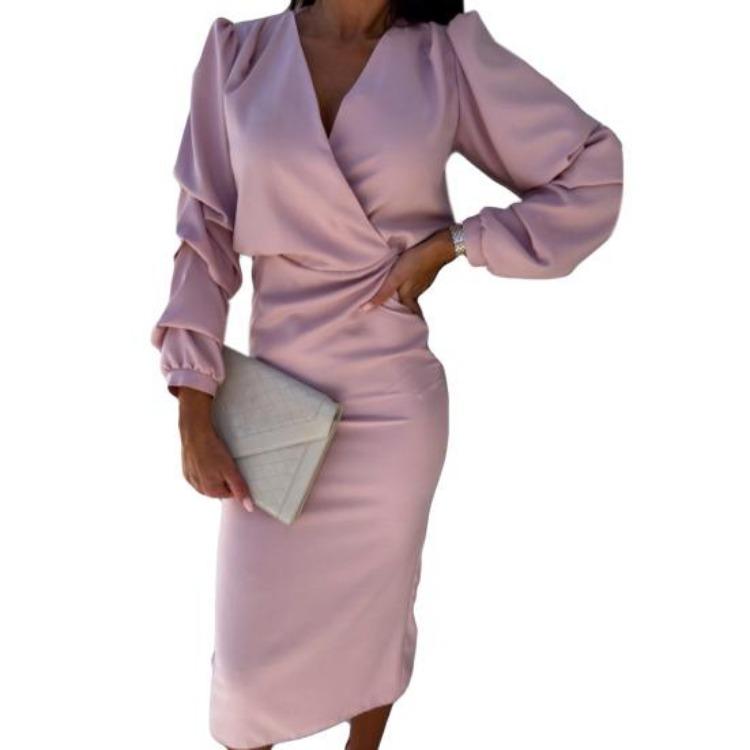 Abiti Casual da Donna - Autunno Primavera Abito Formale da Ufficio da Donna Scollo a V Maniche a Bolle Business Slim Fit Vita Alta Monocolore Abbigliamento da Pendolari OL