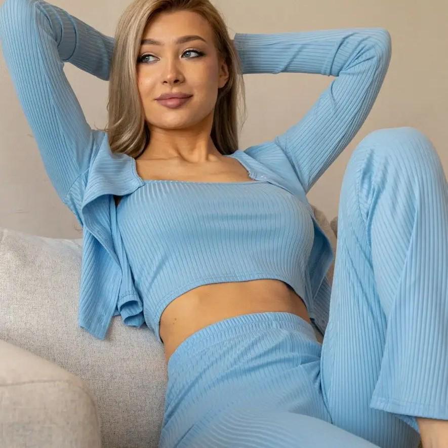 Ribbed Knit Women's Three-Piece Pajama Set with Long Pants & Sleeves
