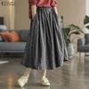 ZANZEA Women Casual Elastic Waist Loose Grid Print Long Skirts
