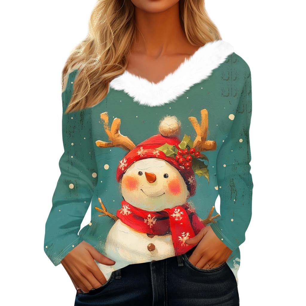 Women's Christmas Printed Long Sleeved Party Plush Neck V-neck Top