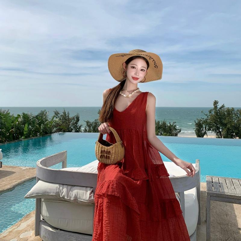 

Beautiful, Beautiful, Fungus Edge, Red Suspender Cake Dress, French Halter, Good-looking Seaside Vacation Big Swing Dress S красный