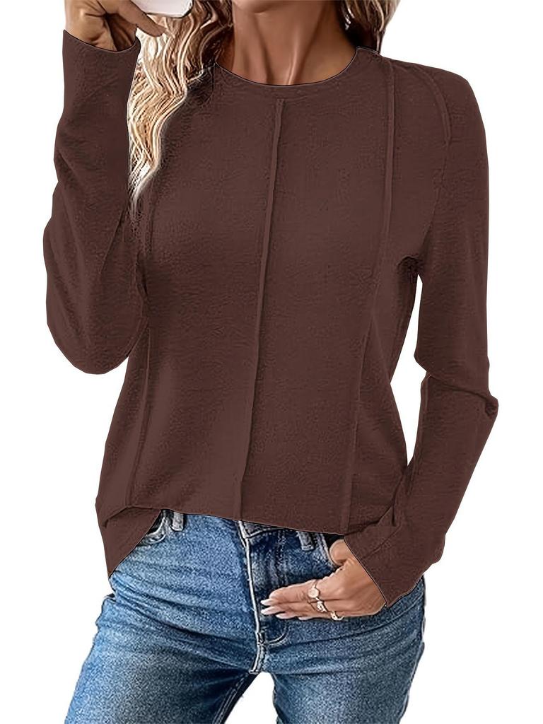 2025 Women's Casual Long Sleeve Pleated Knit Top - Round Neck, Solid Color