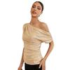 2023 Sequined Glitter Beaded Oblique Collar Short-Sleeve T-Shirt for Women - European/American Summer Style
