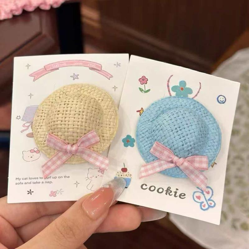 Cute Mini Straw Hat Hair Clips & Hair Ties No Hair Damage Soft Pastel Gingham Bows for Toddler Girls School Daily Wear