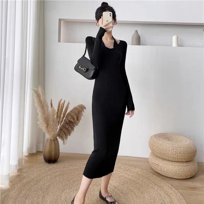 2025 Autumn/Winter Slim-Fit Knit Dress: Elegant Woolen Over-the-Knee Design